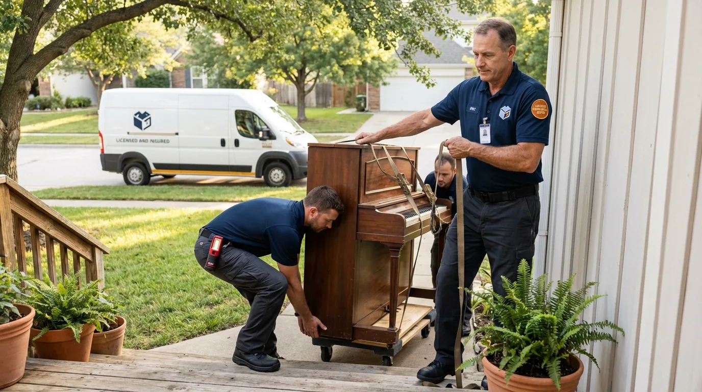 Licensed piano movers securing grand piano in Carbondale, PA
