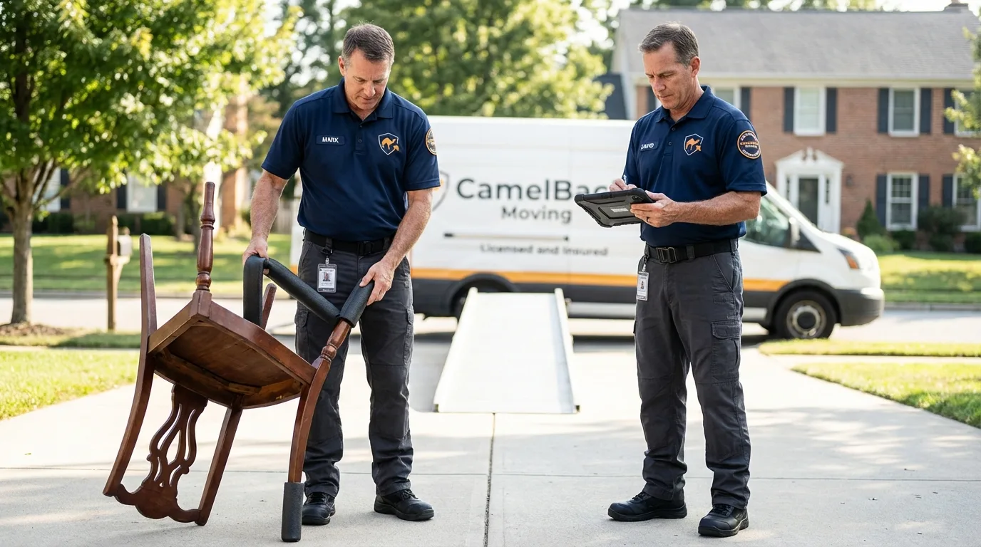 Movers inspecting furniture for damage prevention before loading in Carbondale, PA