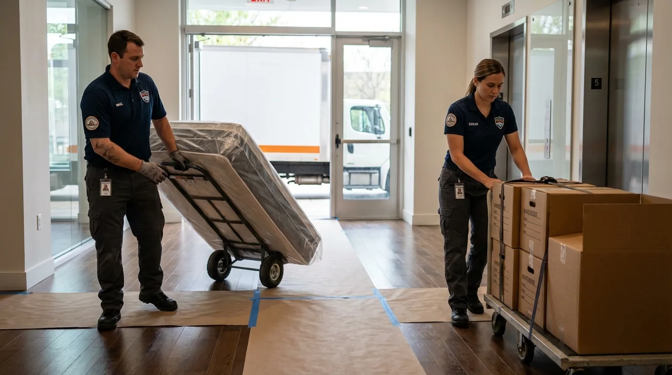 Professional apartment movers loading elevator in Carbondale, PA