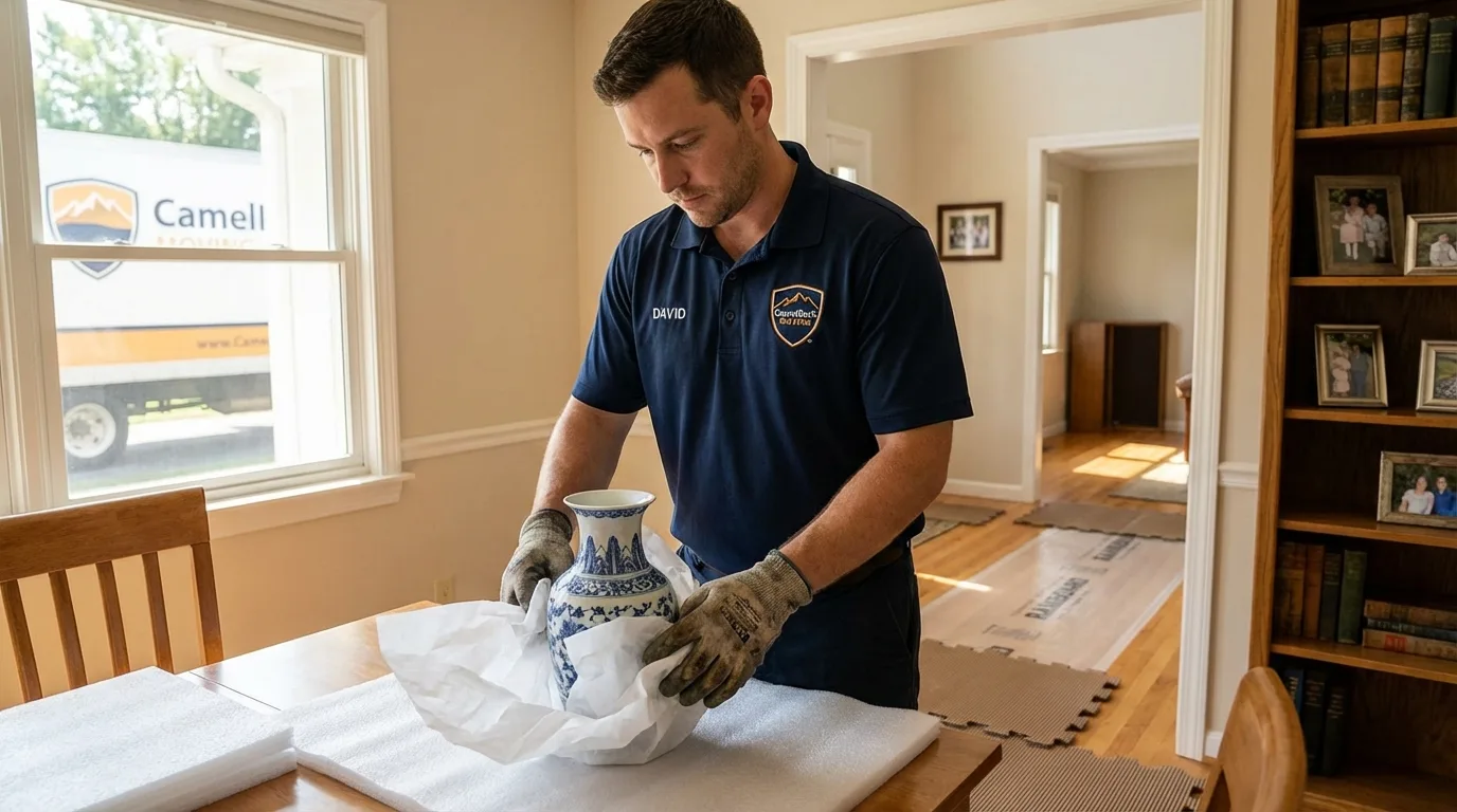 Professional crew carefully wrapping antique vase for senior downsizing move in Carbondale, PA